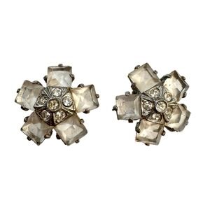 Vintage Flower Frosted Crystal Rhinestone Statement Earrings Retro Glam Sparkly